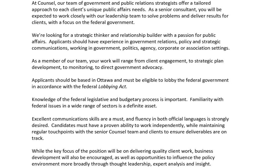 Consultant Federal Advocacy Job Description – September 2018