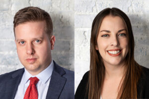 Headshots of Ben Parsons and Bridget Howe against a white brick background
