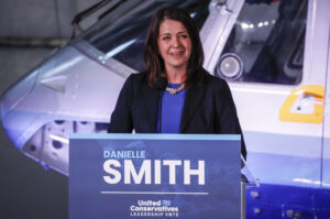 Danielle Smith makes a comment during the United Conservative Party of Alberta leadership candidate's debate in Medicine Hat, Alta., Wednesday, July 27, 2022