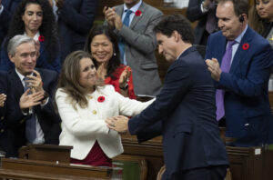 Deputy Prime Minister and Finance Minister Chrystia Freeland is congratulated by Prime Minister Justin Trudeau after delivering the fiscal update in the House of Commons, in Ottawa, Thursday, Nov. 3, 2022. THE CANADIAN PRESS/Adrian Wyld