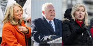 A composite image made from three file photographs show, from left to right, Leader of the Ontario NDP Marit Stiles in Toronto, Saturday, Feb. 1, 2025; Ontario Progressive Conservative Party Leader Doug Ford in Brampton, Ont., Saturday, Feb. 1, 2025; Ontario Liberal Party Leader Bonnie Crombie in Ottawa, Sunday, Feb. 2, 2025; THE CANADIAN PRESS/Andrew Lahodynskyj, Eduardo Lima, Spencer Colby