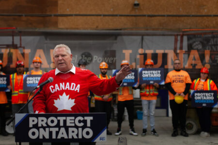 Ontario Progressive Conservative Leader Doug Ford speaks during a campaign event in Oldcastle, Ont., just outside Windsor, on Wednesday, Feb.26, 2025. THE CANADIAN PRESS/Dax Melmer