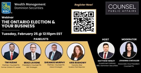 Graphic promoting Counsel PA and RBC's upcoming Ontario Election Panel